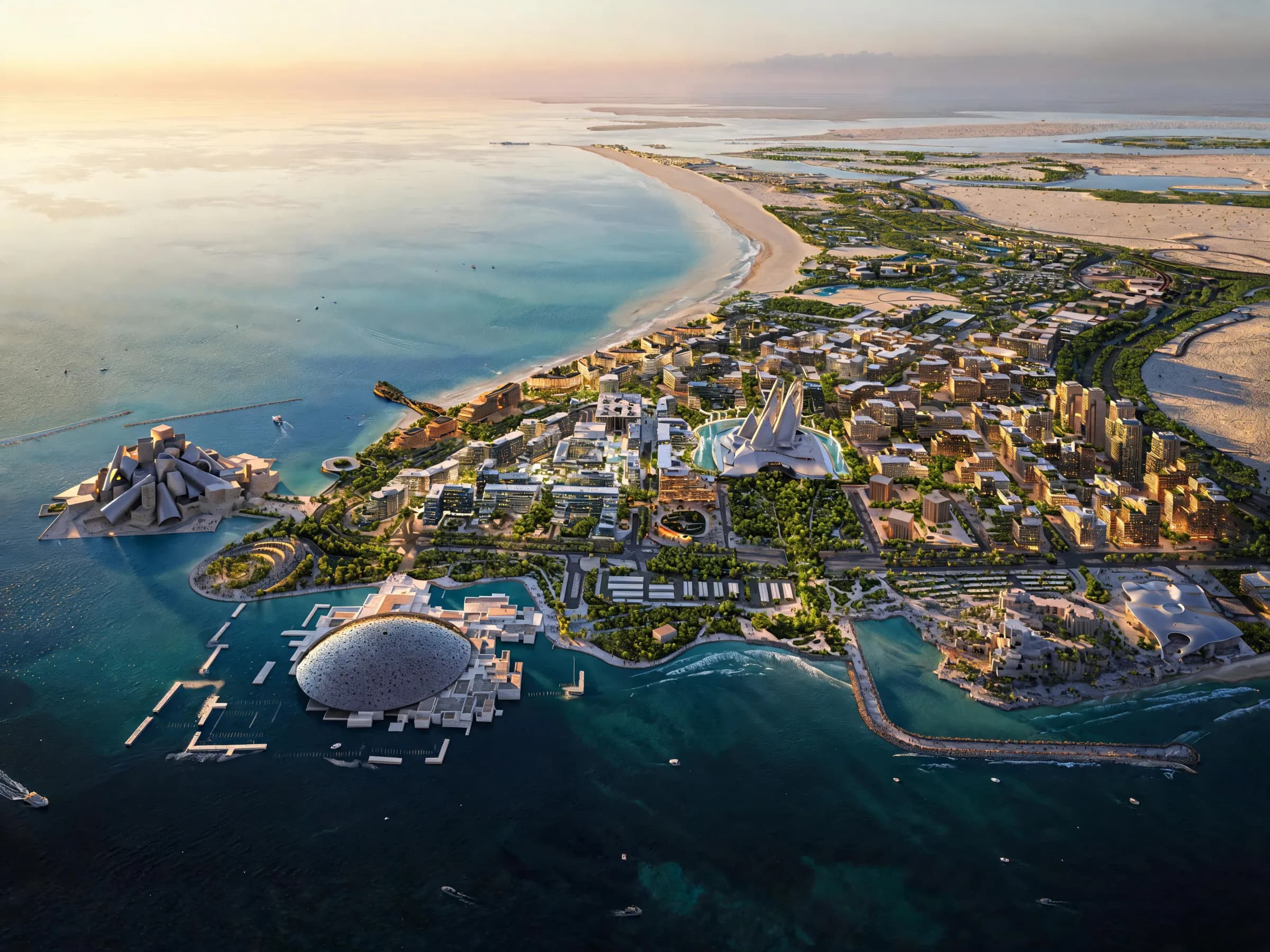 Aerial view of Saadiyat Island, Abu Dhabi at golden hour