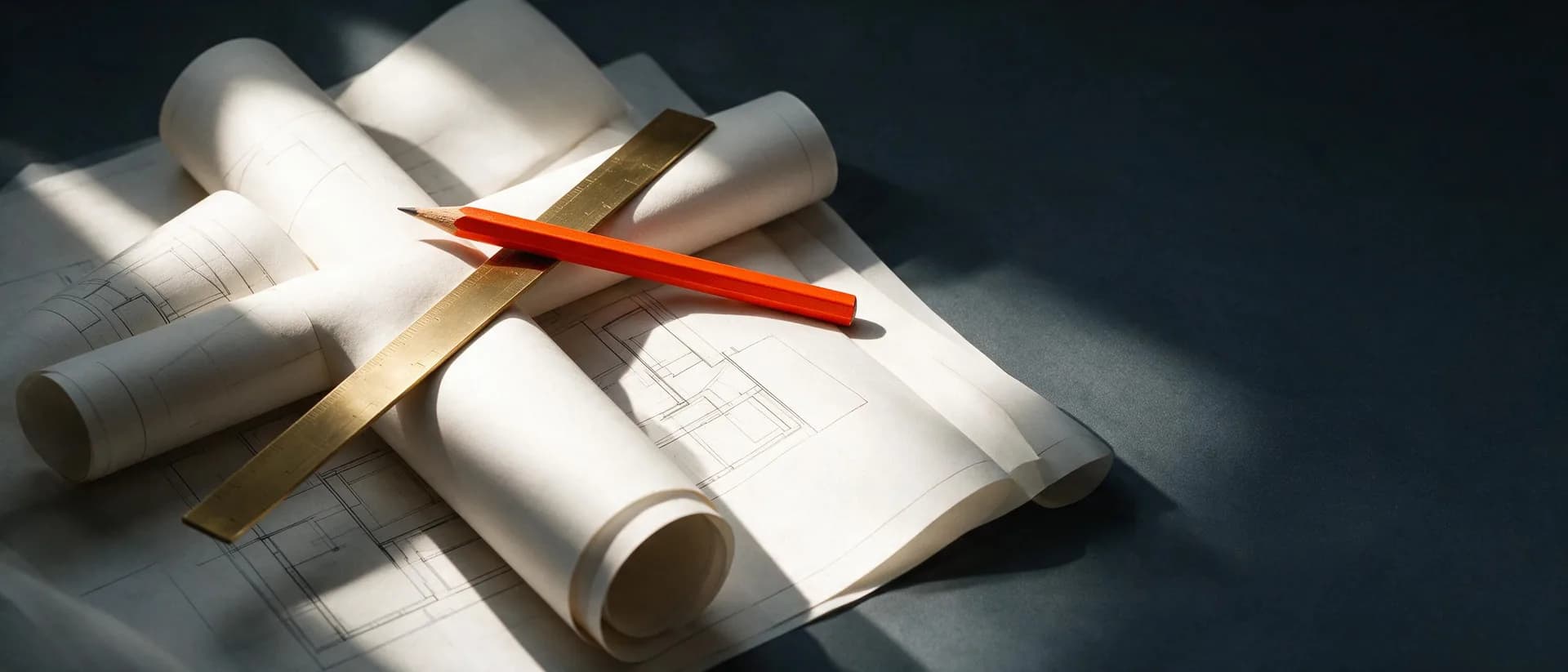 Rolled architectural drawings with a brass rule and a terracotta pencil